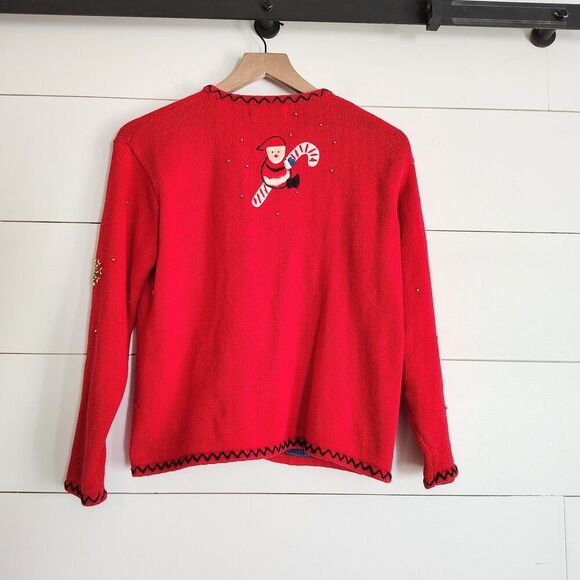 Vtg Parisian Works Christmas Cardigan Santa Christmas Tree Beaded Embellished M - Picture 2 of 12